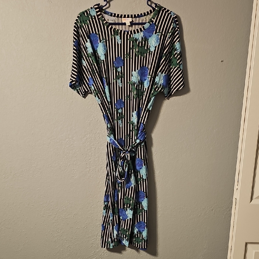 Chic Floral Striped Lularoe Marly Dress in Blue and Green With Black Stripes